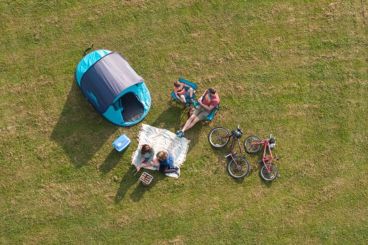 Aerial shot of camping family