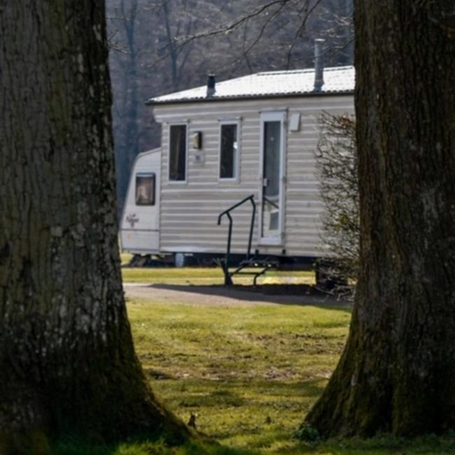 caravan between trees holiday home camping caravan home tent at Forest Glade